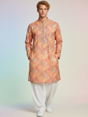 RUVAB Men's Real Mirror Work Pink Color Kurta