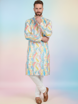 RUVAB Men's Artistic Linen Touch Printed Kurta Pant Set