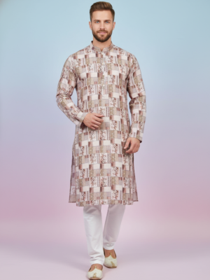RUVAB Men's Brown Color Abstract Printed Kurta Pant Set