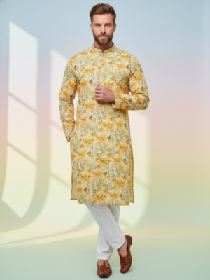 RUVAB Men's Yellow color Floral Linen Printed Kurta Pant Set