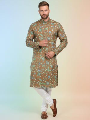 RUVAB Men's Brown Color Floral Printed Kurta Pant Set