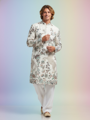 RUVAB Mens Premium Unicorn Theme Cream Kurta for men