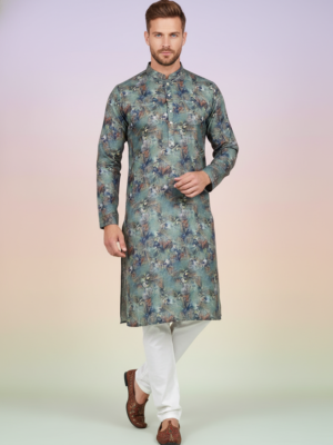 RUVAB Men's Green color Fancy Printed Kurta Pant Set