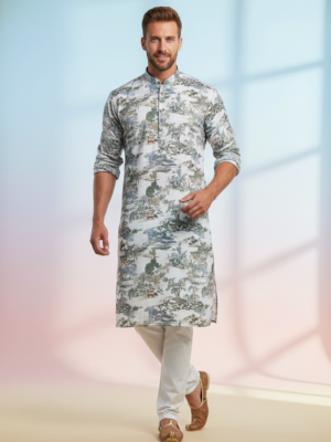 RUVAB Men's White Scenery Linen Printed Kurta Pant Set
