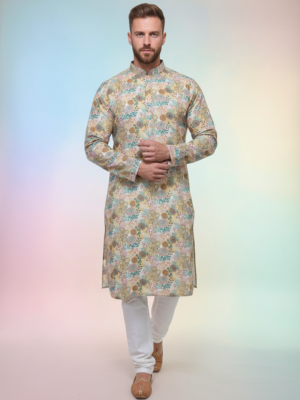 RUVAB Men's Fancy Floral Linen Printed Kurta Pant Set