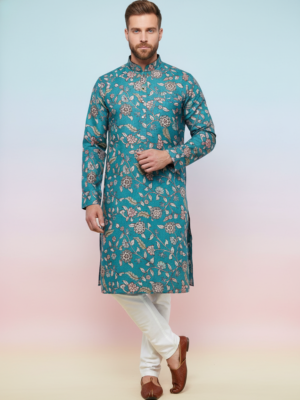 RUVAB Men's Teal Color Floral Printed Kurta Pant Set